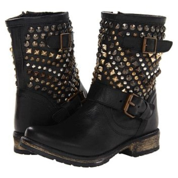 Steve Madden Black and Gold Leather Studded Moto Boots
